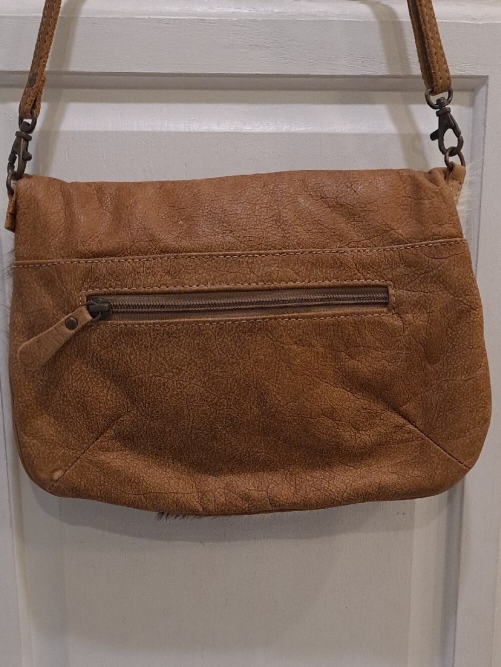 Myra Bag Fold-up Brown Red White Hair-on Hide Leather Upcycled Crossbody - Picture 5 of 10